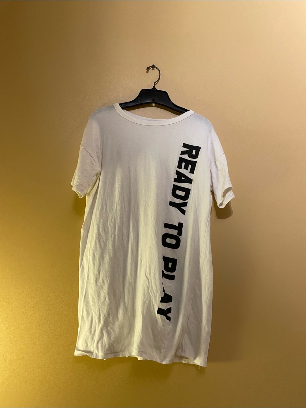 Fashion Nova White Tee with Black Vertical "Ready To Play" Print. Size Large